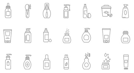 Line art illustration showcasing an array of skincare and cosmetic product containers