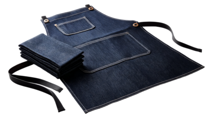 Denim apron with pockets and stack of matching towels isolated on background.
