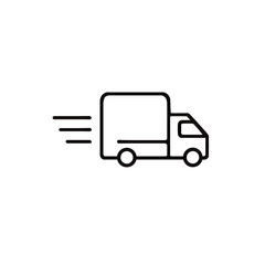 A simple black line icon of a delivery truck in motion, symbolizing fast shipping and logistics.