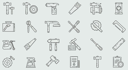 Detailed set of carpentry and woodwork tool icons in a simple outline style design