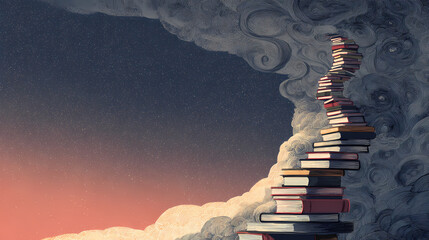 Tower of books with spiral staircase climbing outward
