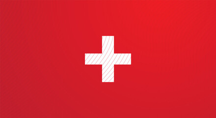 Swiss flag background. White cross symbol on red gradient. Plus icon