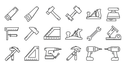 Line art illustration of various woodworking tools representing carpentry and construction