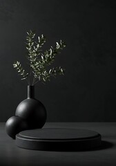 Minimalist dark studio display with green foliage in a black vase