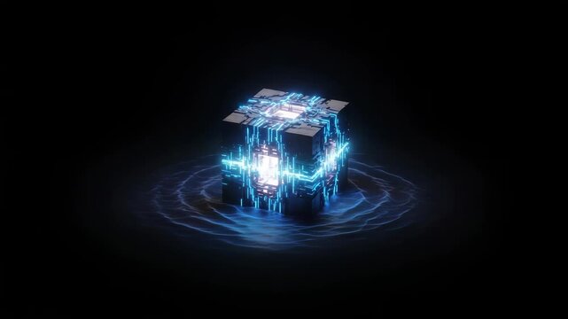Futuristic Cube with Blue Energy Pulse Emanating into Water, Digital Art Concept