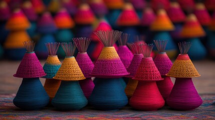 Obraz premium Colorful cone-shaped objects, possibly dye containers or decorative items, displayed in rows. Close-up view with vibrant hues