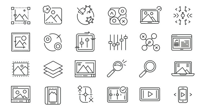 Set of minimal line icons representing image and video editing and graphic design