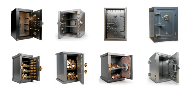 A collection of various security safes with doors open and closed, showcasing different styles and designs.