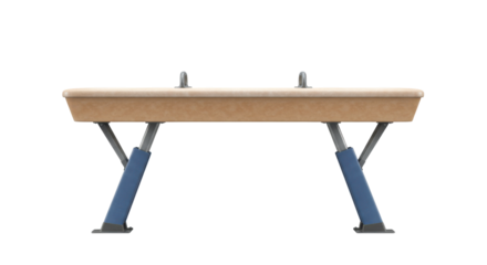 Gymnastics balance beam in an indoor training facility with athletes practicing