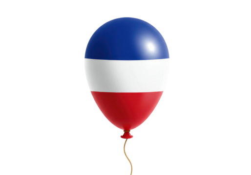 Colorful balloon with blue, white, and red stripes floating against a plain background