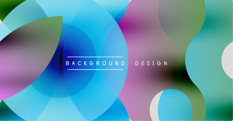 Abstract colorful circles overlap creating vibrant background. Modern design elements suggest fluidity, energy, innovation.