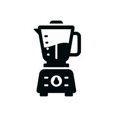 A black and white icon of a modern kitchen blender with a pitcher filled with liquid and a control dial on its base.