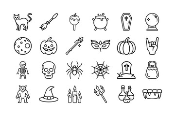 Halloween Vector Icon Set. Cat, Broom, Pumpkin, Skull, Ghost, Spider, Witch Hat, Coffin, Web, Skeleton, Cauldron, Potion, Vampire Teeth, and More. Editable stroke. Vector illustration.
