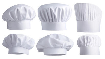 Chefs hats are arranged on a transparent background.