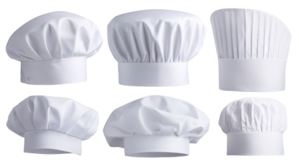 Chefs hats are arranged on a transparent background.