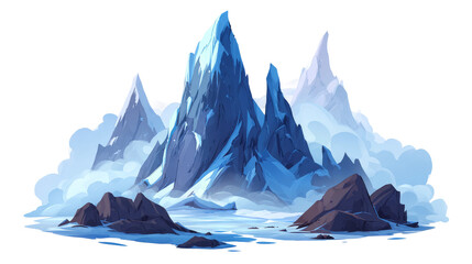 Cartoonish Mountains Are Surrounded By Clouds And Rocks On A Transparent Background.