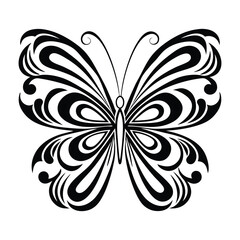 A black and white butterfly vector illustration with decorative swirls and curls isolated on white background, ideal for graphic design, tattoo art, and decorative elements