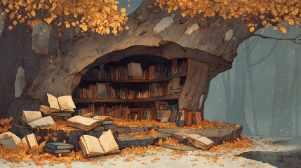 Tree trunk hollowed out to form bookshelf