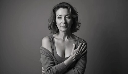 A powerful black and white portrait of a middle-aged woman breast cancer survivor covering her chest with one arm.