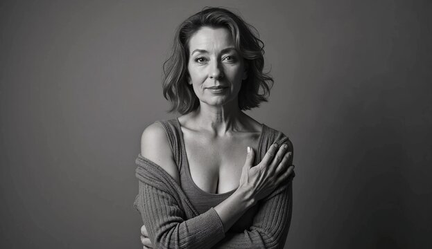A powerful black and white portrait of a middle-aged woman breast cancer survivor covering her chest with one arm.