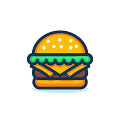 A stylized flat icon of a classic cheeseburger with a beef patty, melted cheese, and lettuce.