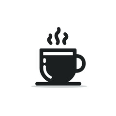 A simple black icon of a steaming coffee cup on a saucer, representing a hot beverage.