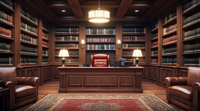 Law library with shelves of books and legal documents in a professional office