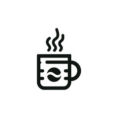 A minimalist black and white icon depicting a steaming hot coffee mug with a distinct coffee bean symbol.