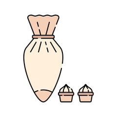 Piping Bag Flat design style, cream piping tool with cupcakes, perfect for cake decoration visuals and baking content.