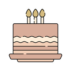 Birthday Cake Flat design style, three layered cake with candles on top, symbolizing celebration, ideal for birthday design and festive event elements. 