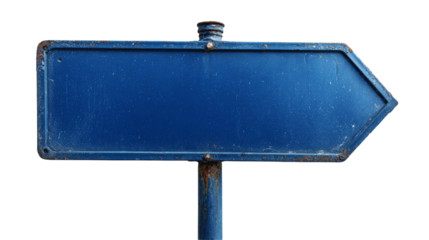Blue weathered arrow sign points to right on transparent background.
