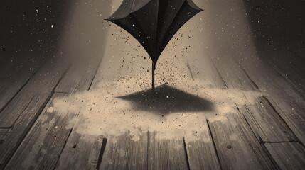 Upside-down umbrella dripping sand over wooden floorboards