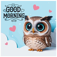 Fototapeta premium Good Morning Owl – Cute Cartoon Bird with Blue Eyes, Hearts, and Cloud Background