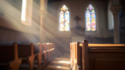 Serene church interior bathed in warm light through stained glass, evoking tranquility.