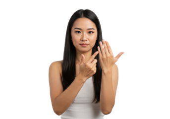 Young woman demonstrating a counting gesture with her fingers against a plain background