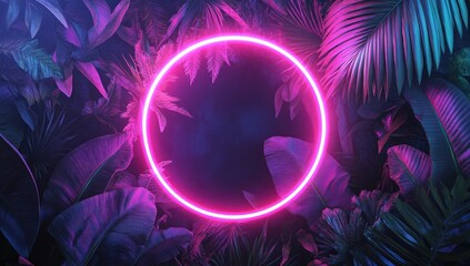 Neon pink circle framed by lush tropical foliage