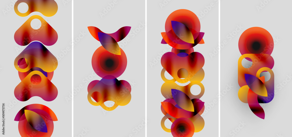 Poster abstract colorful shapes stacked vertically. warm tones dominate, creating dynamic visual rhythm. mi