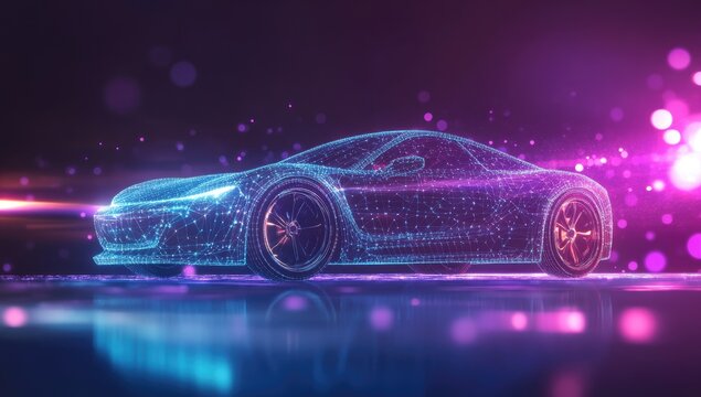 Futuristic car, wireframe, neon glow