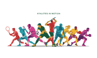 Modern vector illustration depicting a lineup of athletes representing different sports in a dynamic,  tennis, baseball, American football, soccer, basketball, boxing, and ice hockey, easily editable.