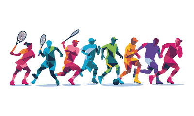 Modern vector illustration depicting a lineup of athletes representing different sports in a dynamic,  tennis, baseball, American football, soccer, basketball, boxing, and ice hockey, easily editable.