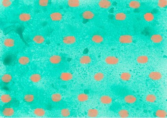 水玉模様　手描き水彩のコバルトグリーンにオレンジの水玉、みずみずしい爽やかな水玉模様
Cobalt Green Watercolor Background with Orange Dots　
Hand-painted watercolor and graphic