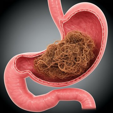  stomach showing a rare case of bezoar formation. A dense, tangled mass of indigestible material (e.g., hair, plant fiber) is depicted occupying a significant portion of the stomach lumen. The stomach