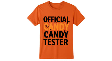 Bright orange t-shirt with bold text declaring 'Official Candy Tester', ideal for fun events