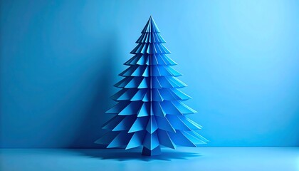 Minimalist blue christmas tree illustration on blue background for holiday season