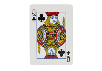 Playing card featuring the Queen of Clubs, vibrant colors, detailed design, isolated background