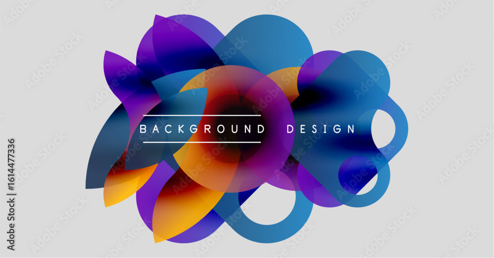 Poster abstract colorful shapes overlap, creating dynamic visual effect. text reads background design cente