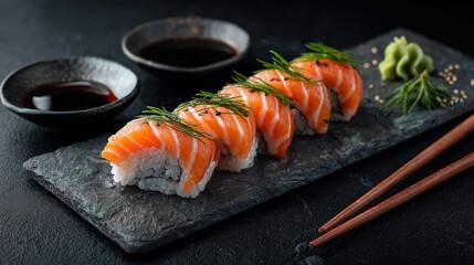 Minimalist salmon sushi arrangement on a slate plate.
