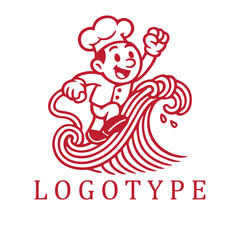 Playful cartoon-style red-and-white illustration of a cheerful noodle chef surfing a dynamic wave made of noodles, bursting with motion and character in bold line art.