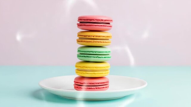 Delicious stack of colorful macarons on plate, showcasing vibrant dessert treats and pastel color palette.