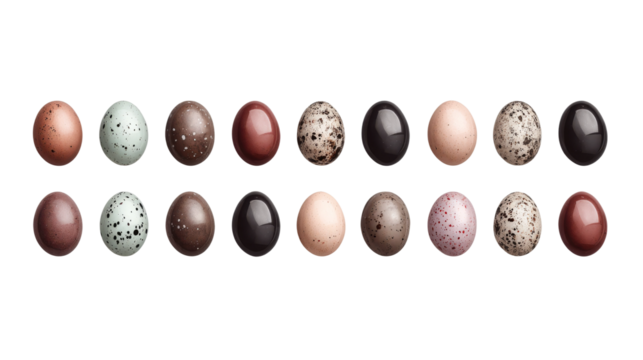Assorted chocolate eggs line the composition, on a transparent background.